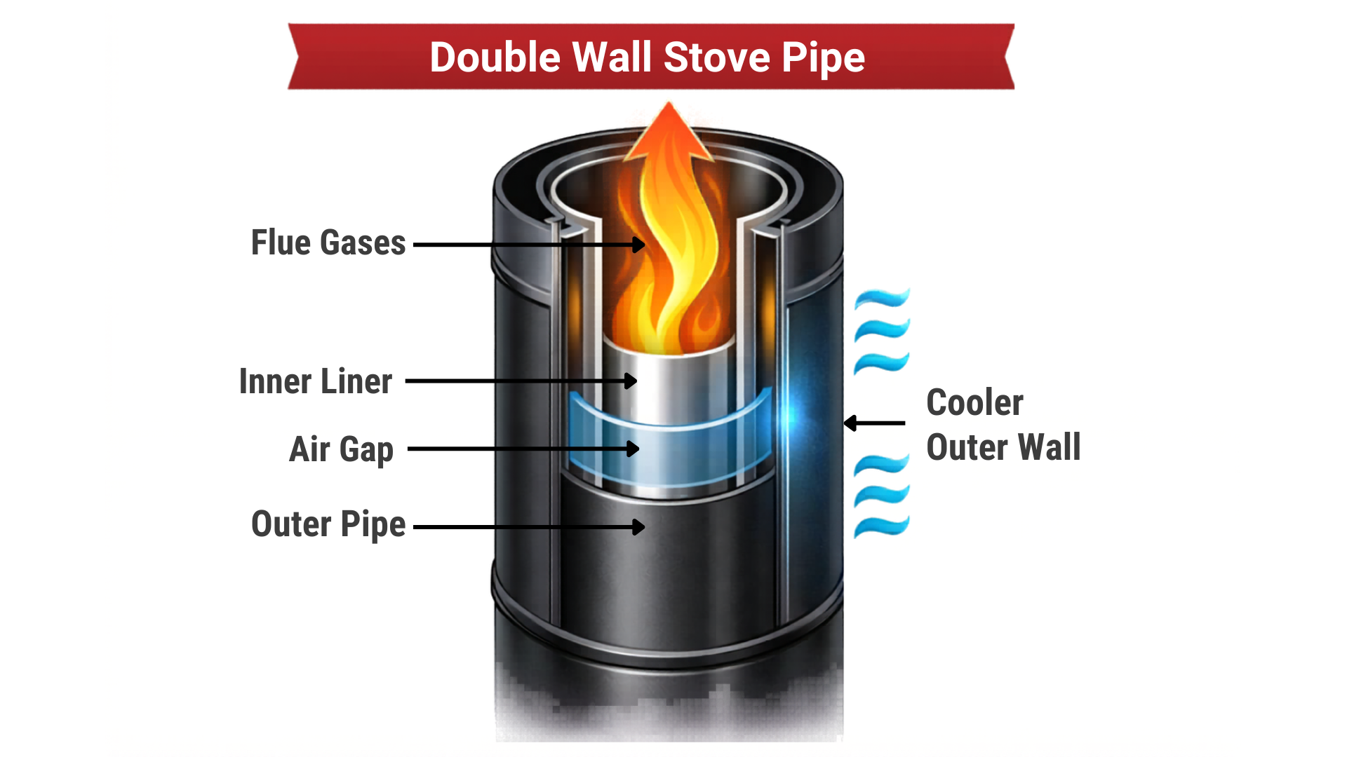 Double wall stove pipe diagram showing inner liner, outer pipe, air gap, flue gases, and cooler outer wall